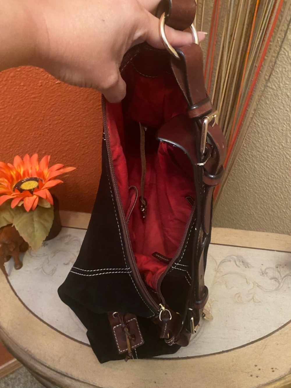 Dooney & Bourke - GUC - Black Suede Hobo with Brown Leather Trim - Picture 6 of 14